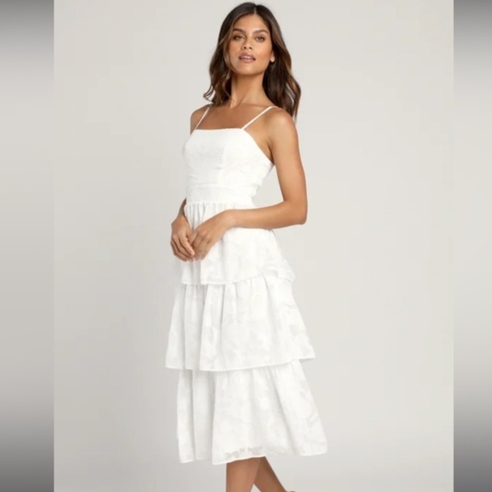 Lulu's White Tiered Midi Dress with Spaghetti Straps